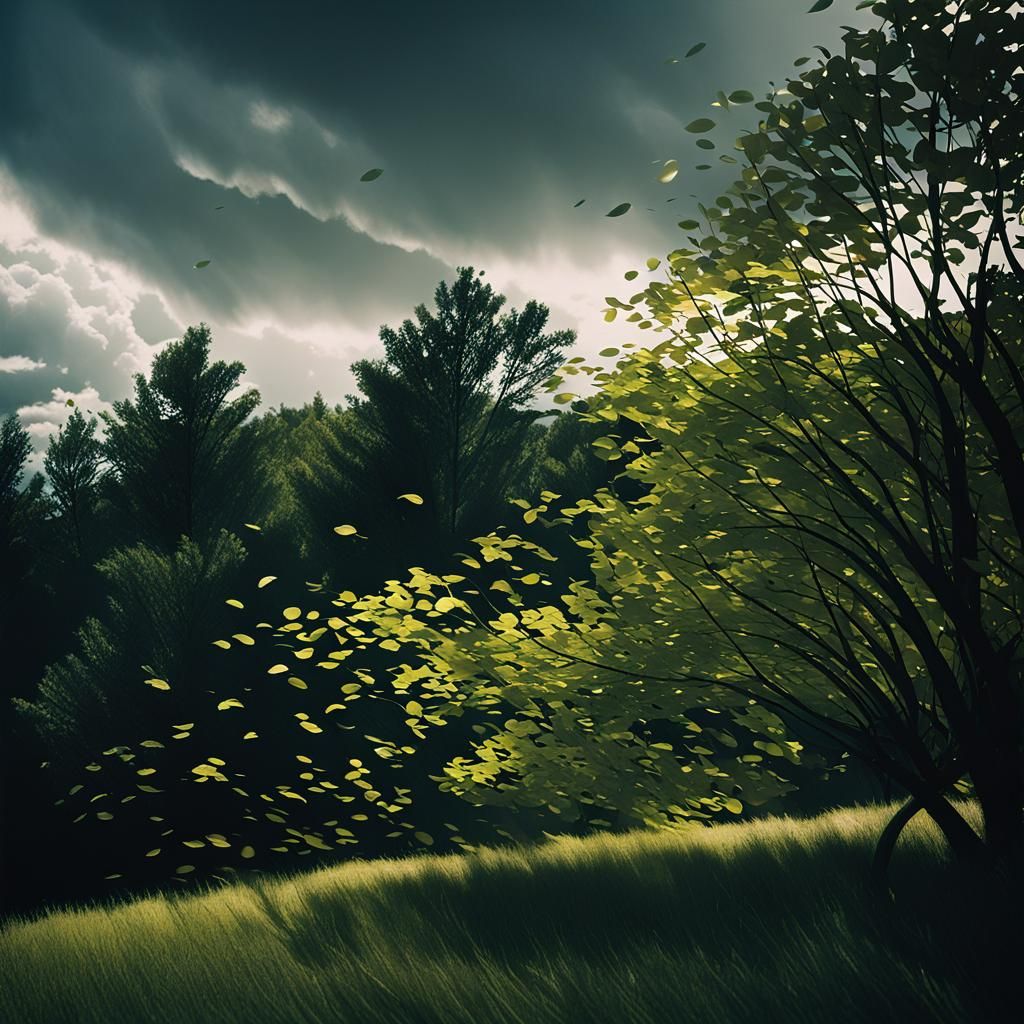 Dramatic Storm with Swirling Leaves in Cinematic Style