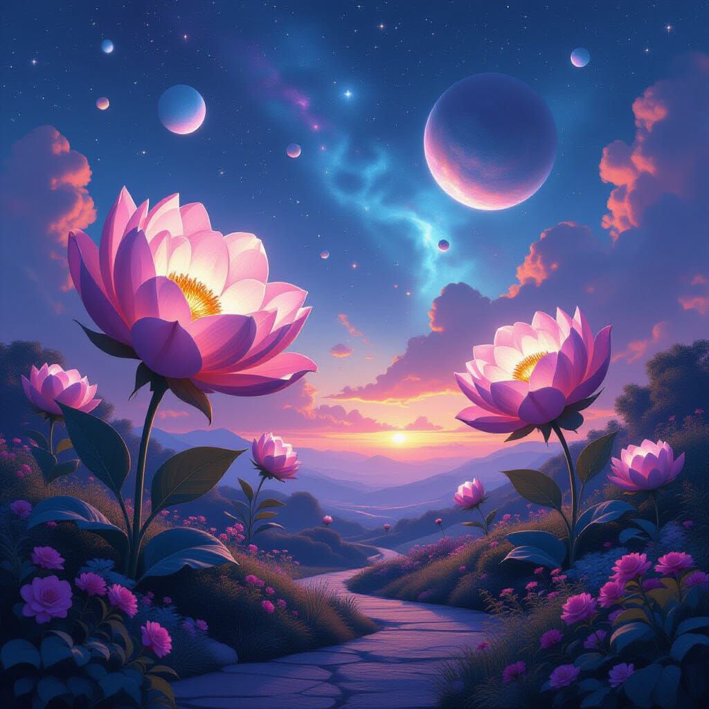 Bioluminescent Flowers Bloom on Alien Planet with Nebulae