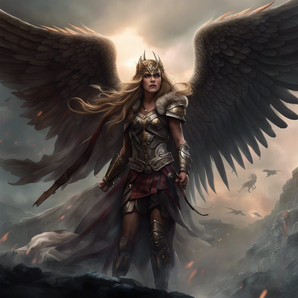 Valkyrie Escorting Warriors to Valhalla in Detailed Painting