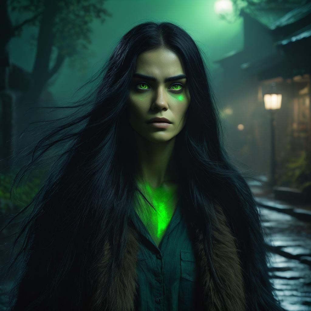 Woman with Glowing Eyes in Wolf Fur, Photorealistic