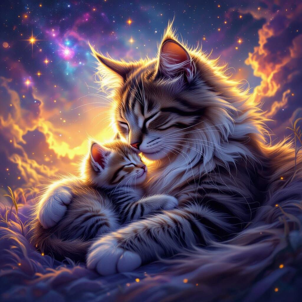 Cosmic Mother Cat Cuddling Kitten: Fantasy Concept Art