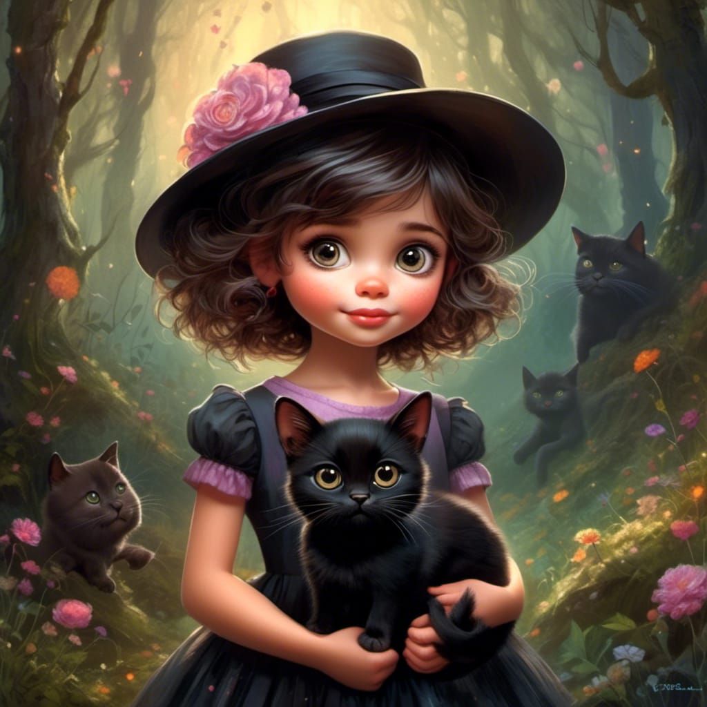 Whimsical Girl and Cat Portrait in Cartoon Style