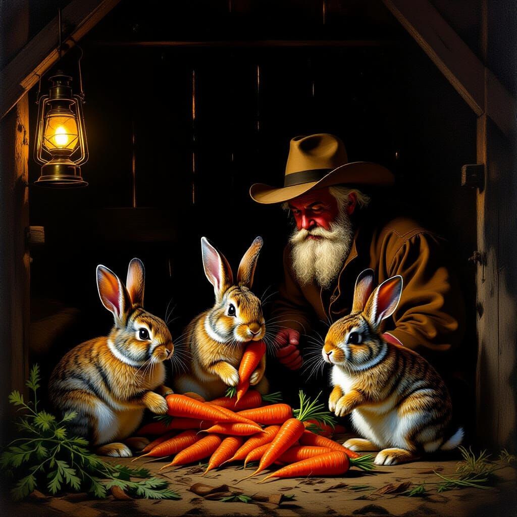 Rabbits Stealing Carrots in Baroque Barn