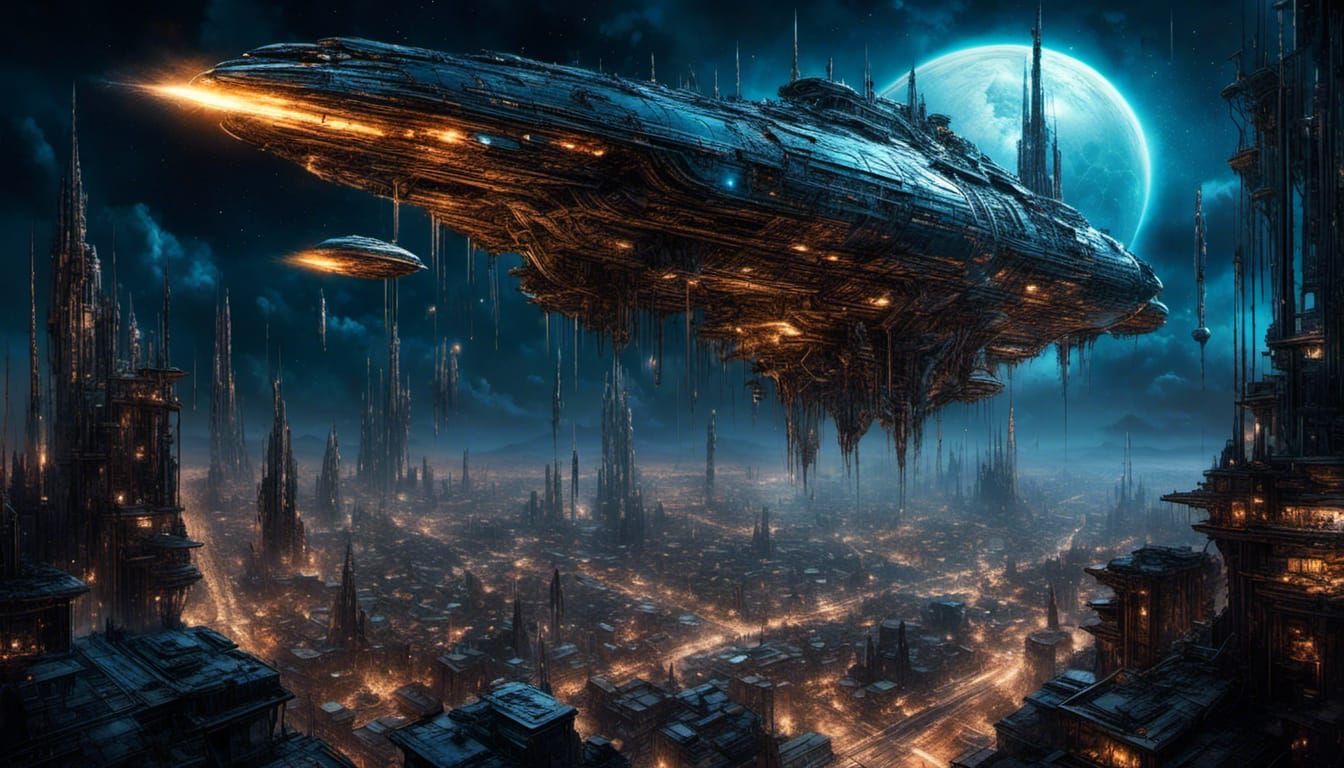 Futuristic Spaceships Over Dystopian Alien World