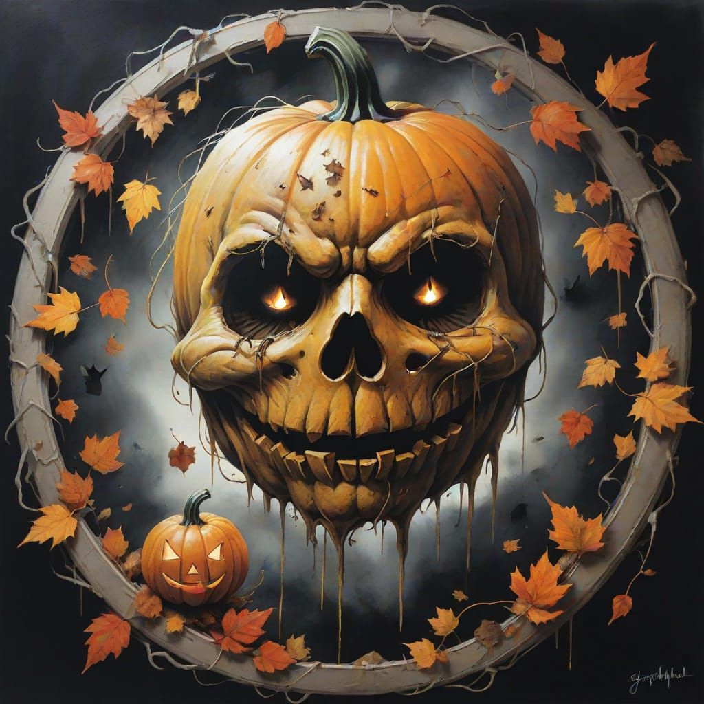 Spooky Jack-o'-Lantern with Autumn Leaves