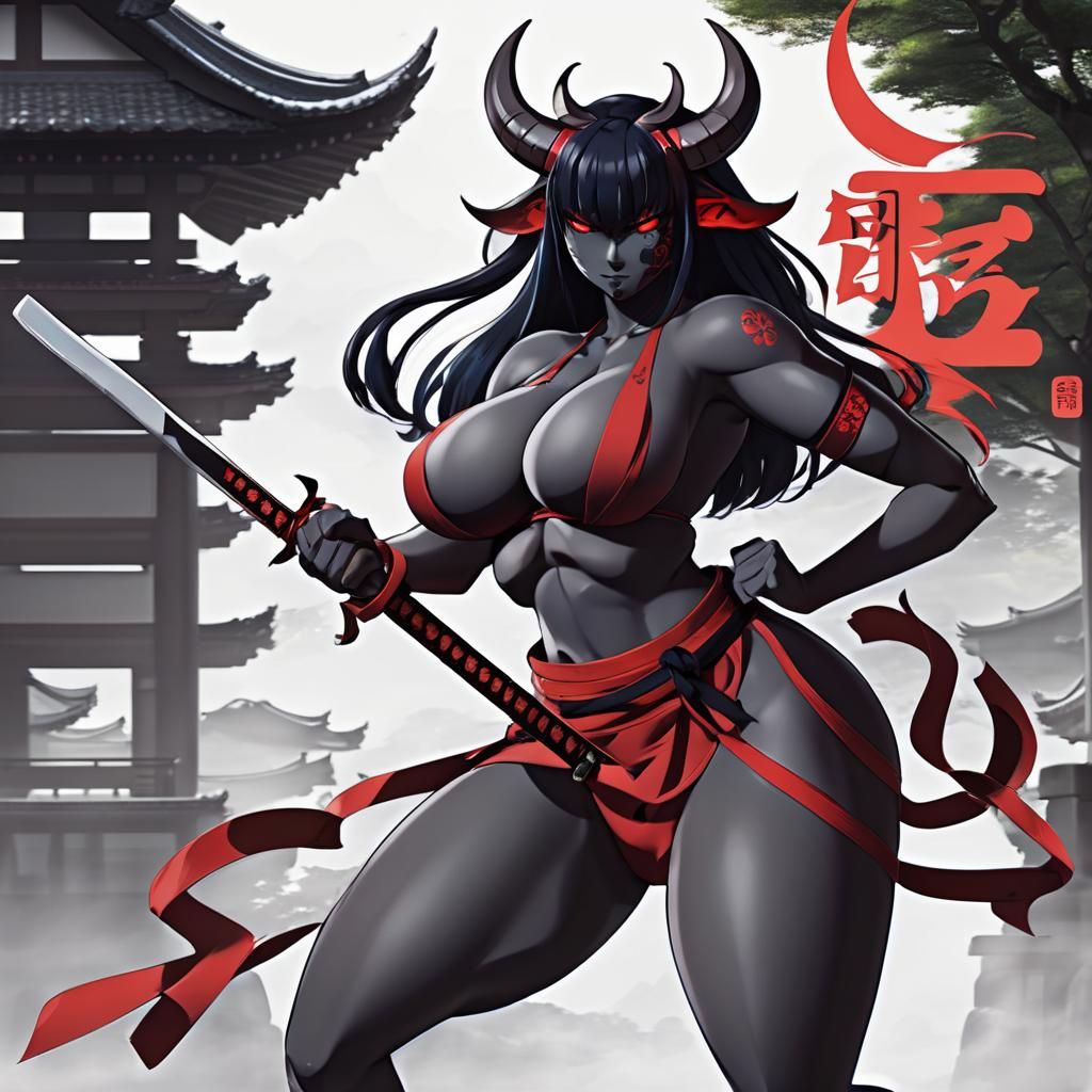 Beautiful Curvy Female Oni in Anime Style