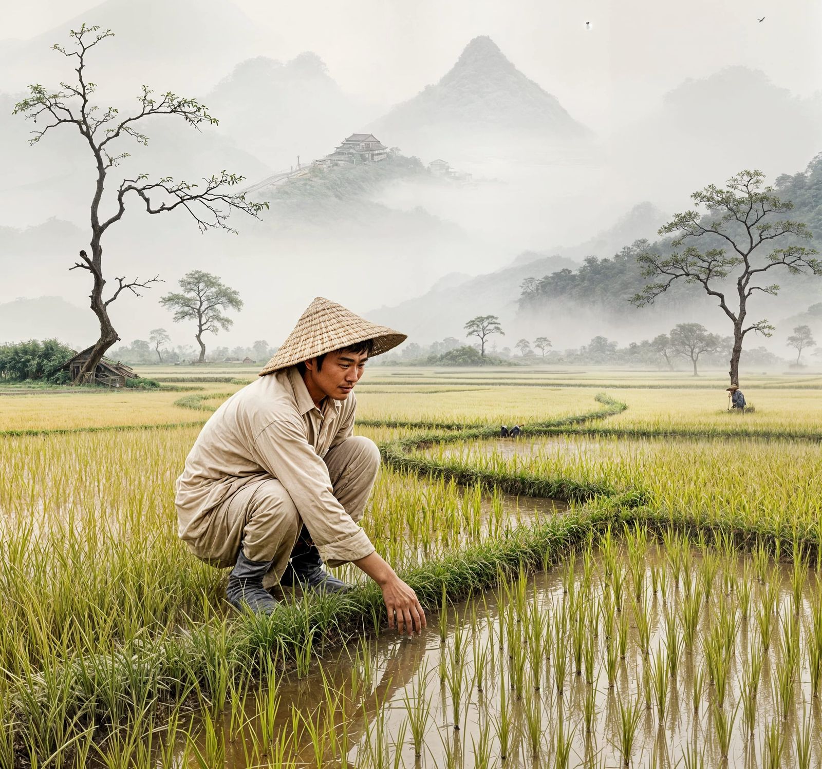 Chinese Rice Farmer Planting Crop on Foggy Morning
