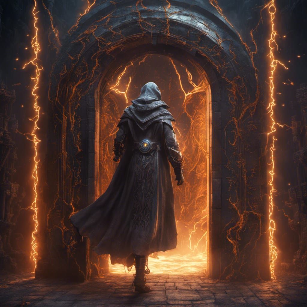 Warlock Steps Through Electrical Portal: Fantasy Concept Art
