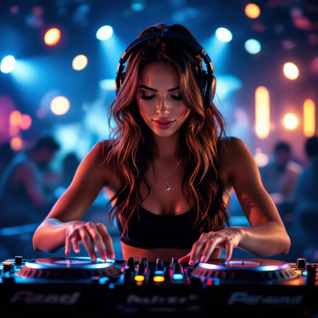 Dynamic Photo of Female DJ Performing with Skill and Energy