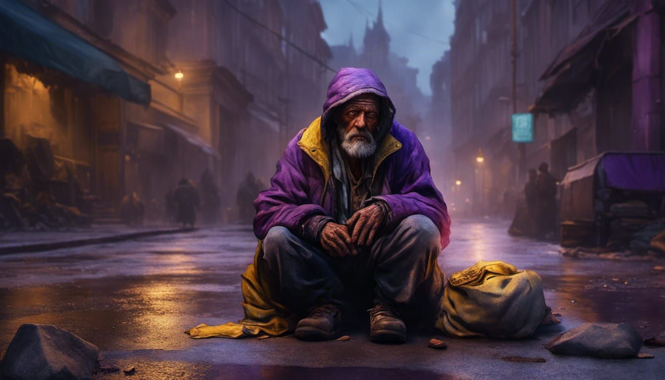Homeless Man Begging: Dark Fantasy Concept Art