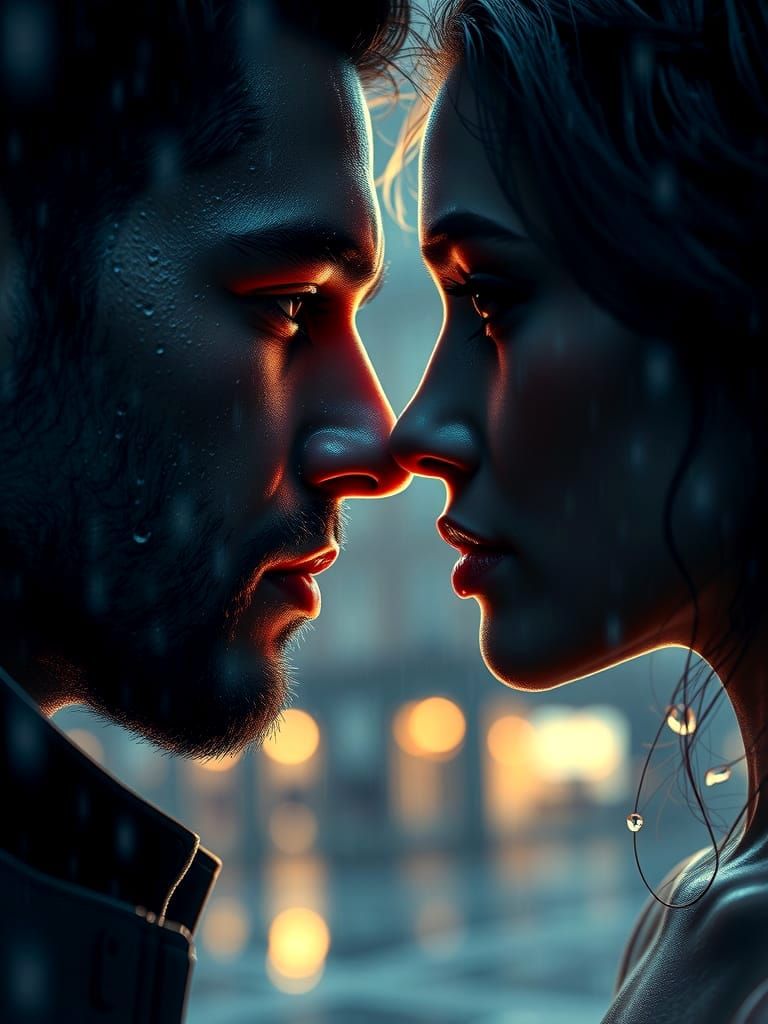 Charged Emotion in the Rain, a Couple's Longing Gaze in a St...