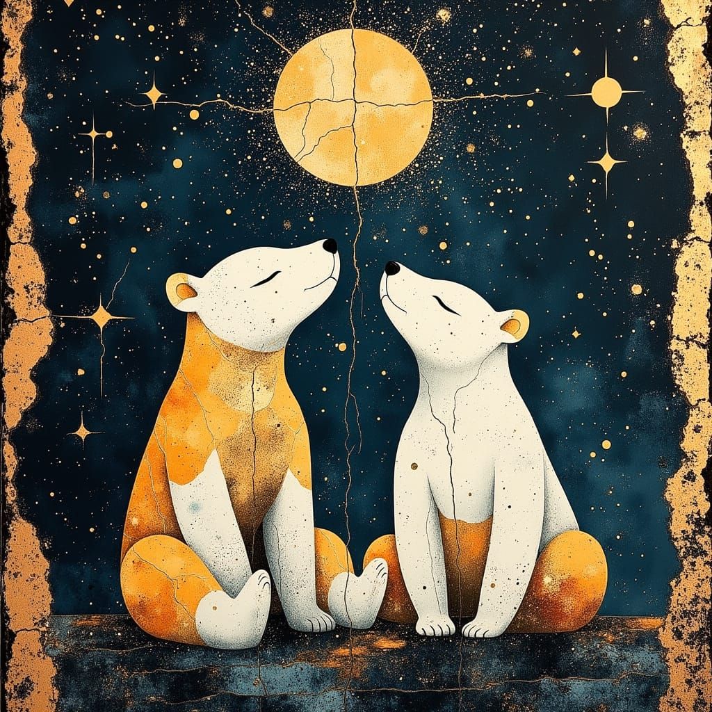 Stylized Polar Bears Under Cosmic Moon