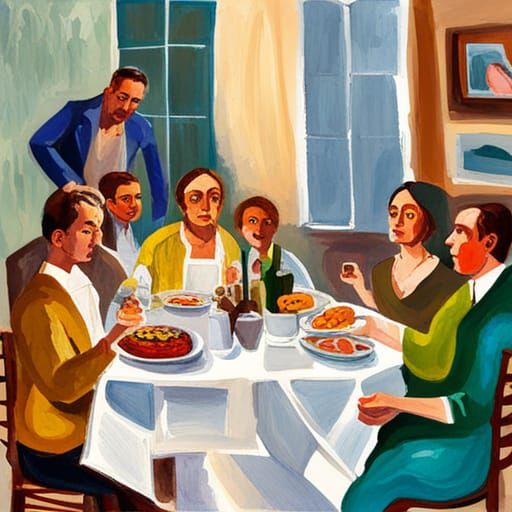 Impressionist Gouache Painting of a Dinner Scene
