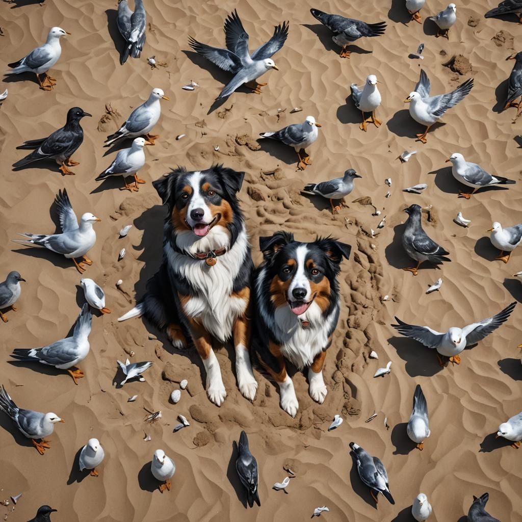 Australian Shepherd and Seagulls on Beach