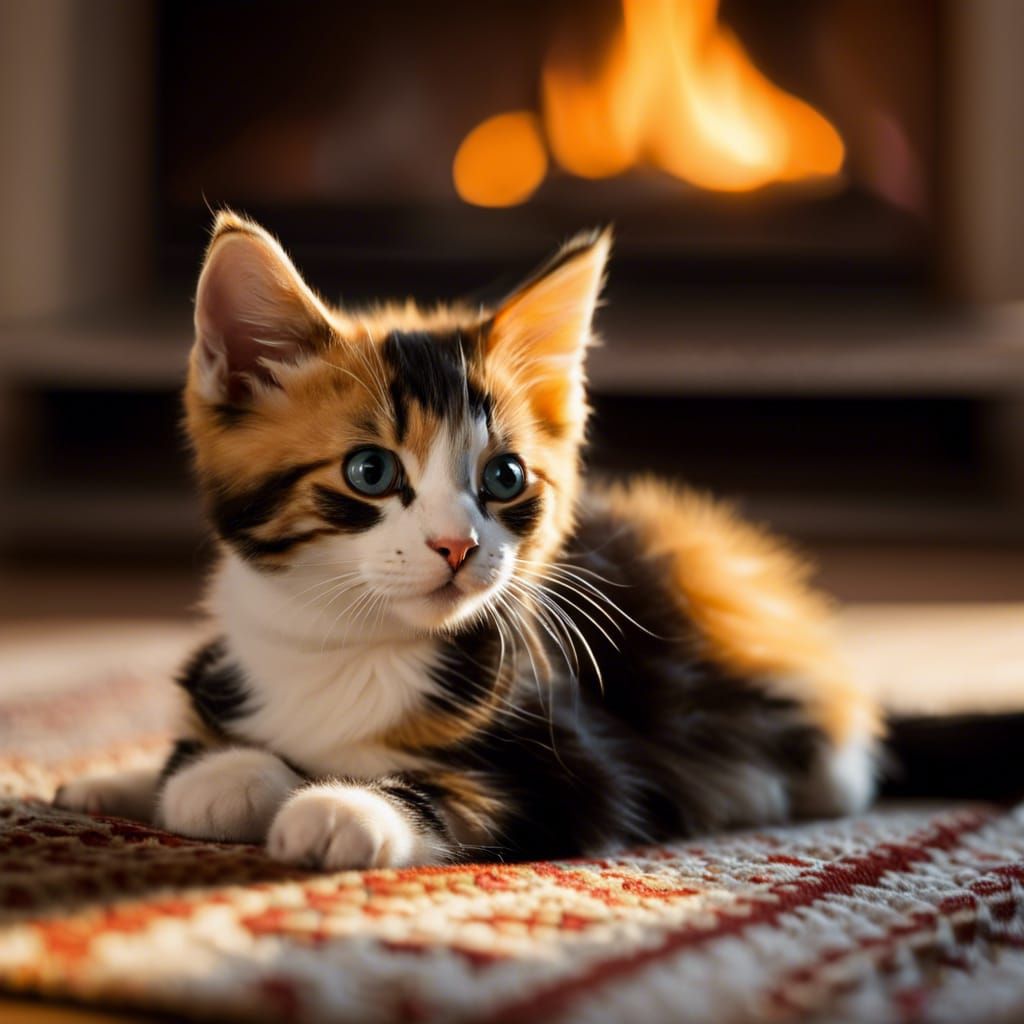 Calico Kitten Relaxing by Fireplace