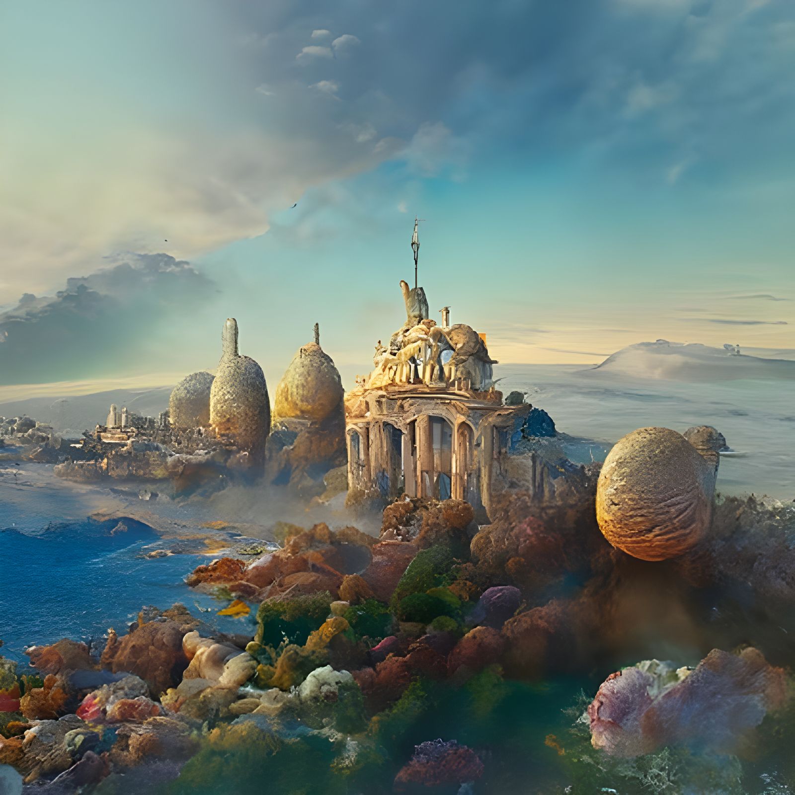 Greek Cityscape at Sunset: Psychedelic Digital Art