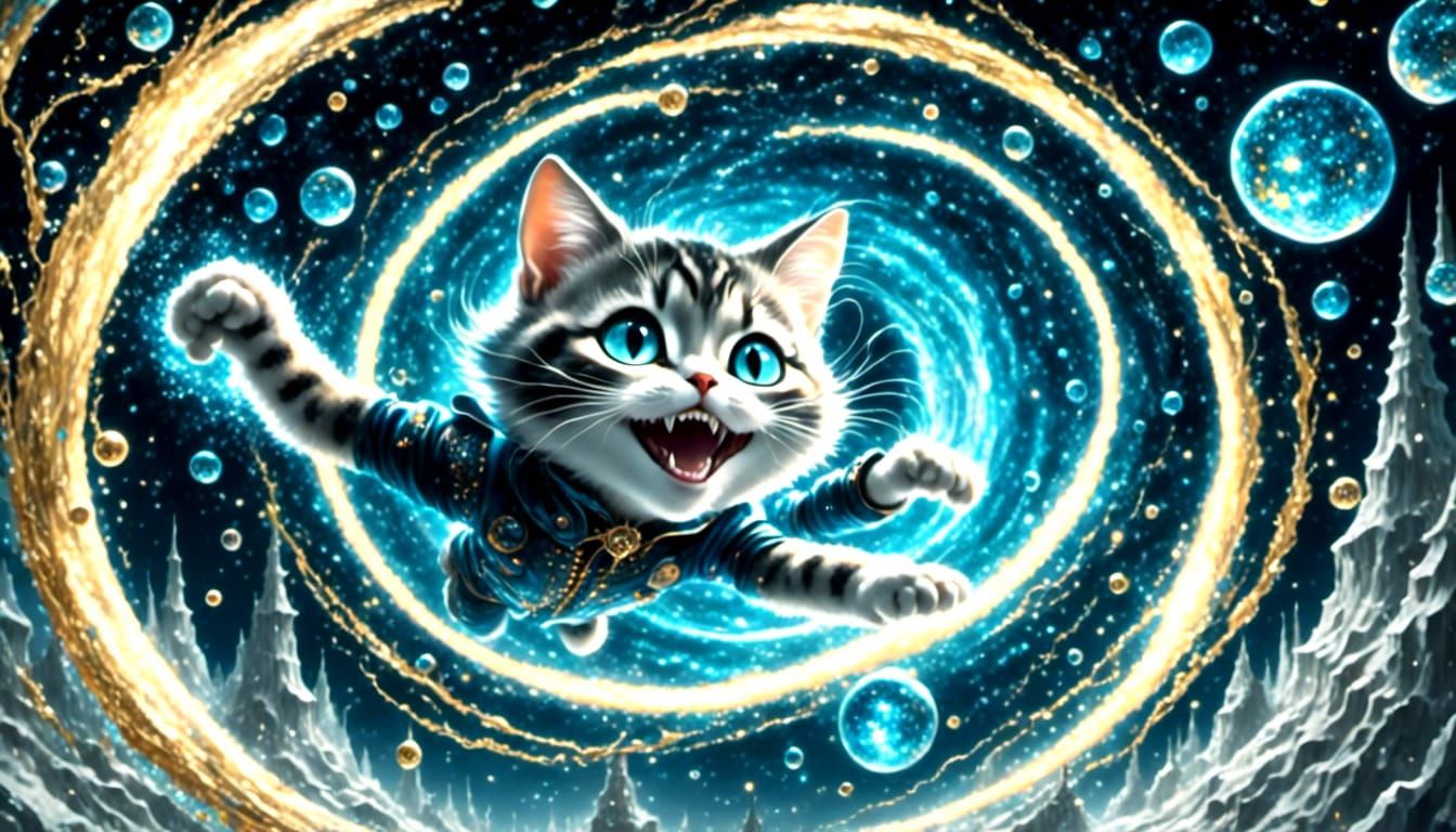 Cyberpunk Cheshire Cat Leaps from Wormhole in Kirigami Style