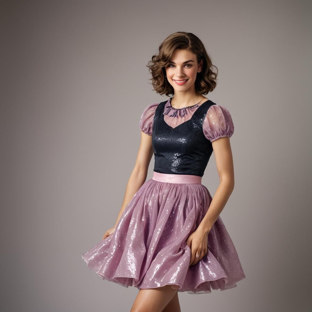 Smiling Person in Dress Lifts Skirt in Studio Portrait