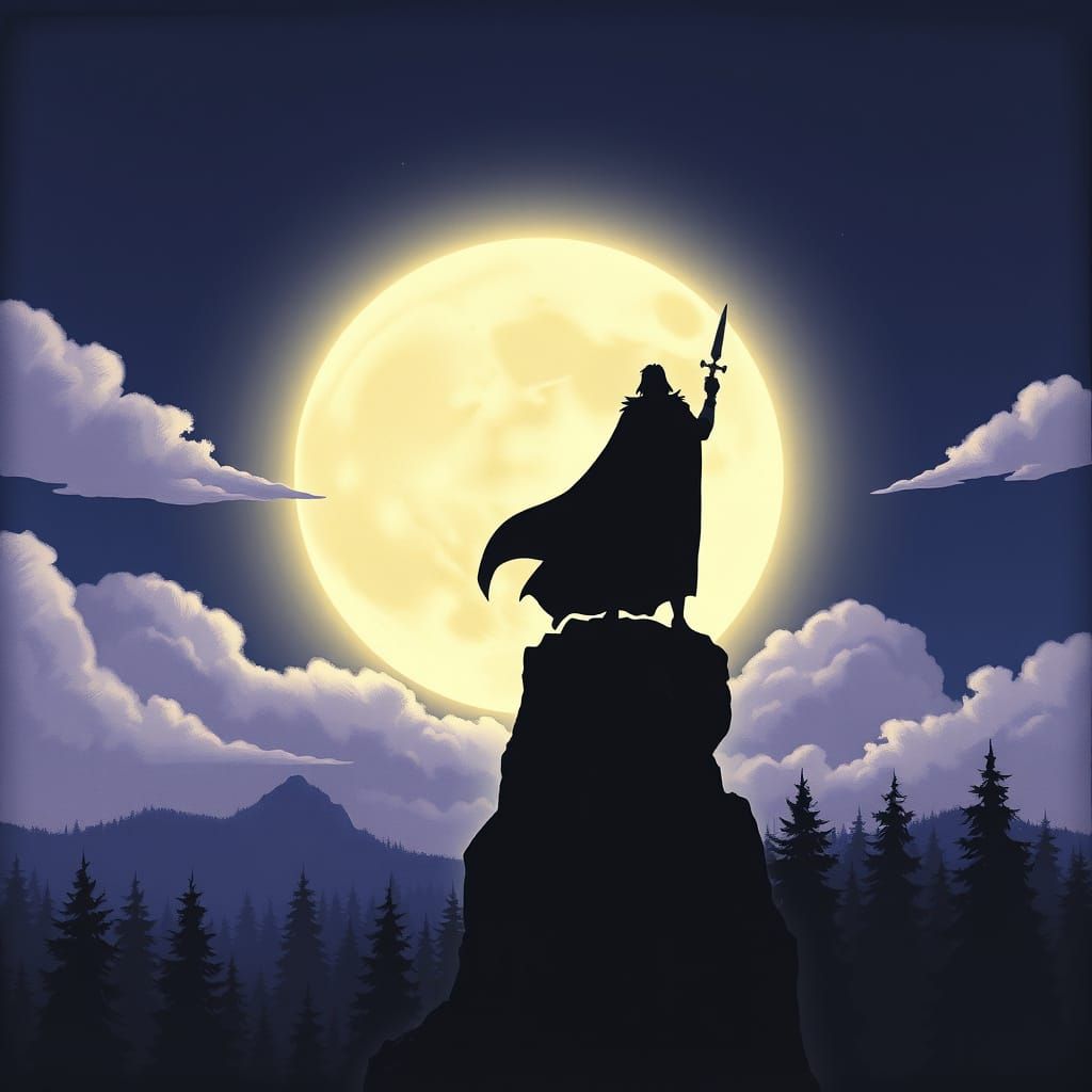 Moonlit Hero Silhouette in Animated Style