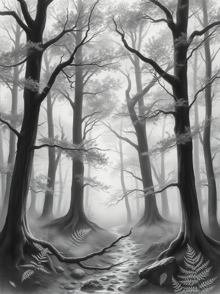 Ethereal Forest Glade in Charcoal and Watercolor