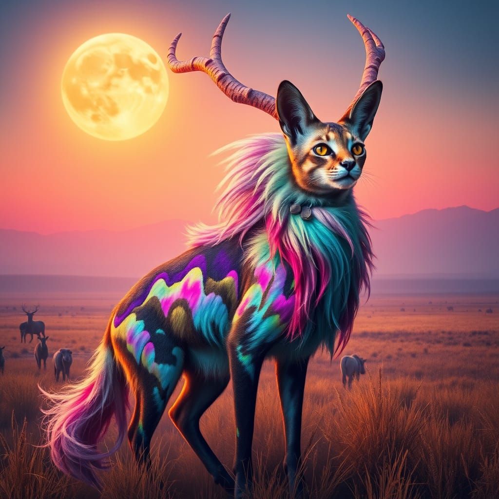 Iridescent Catalope in Moonlit Savannah, Surrealist Style