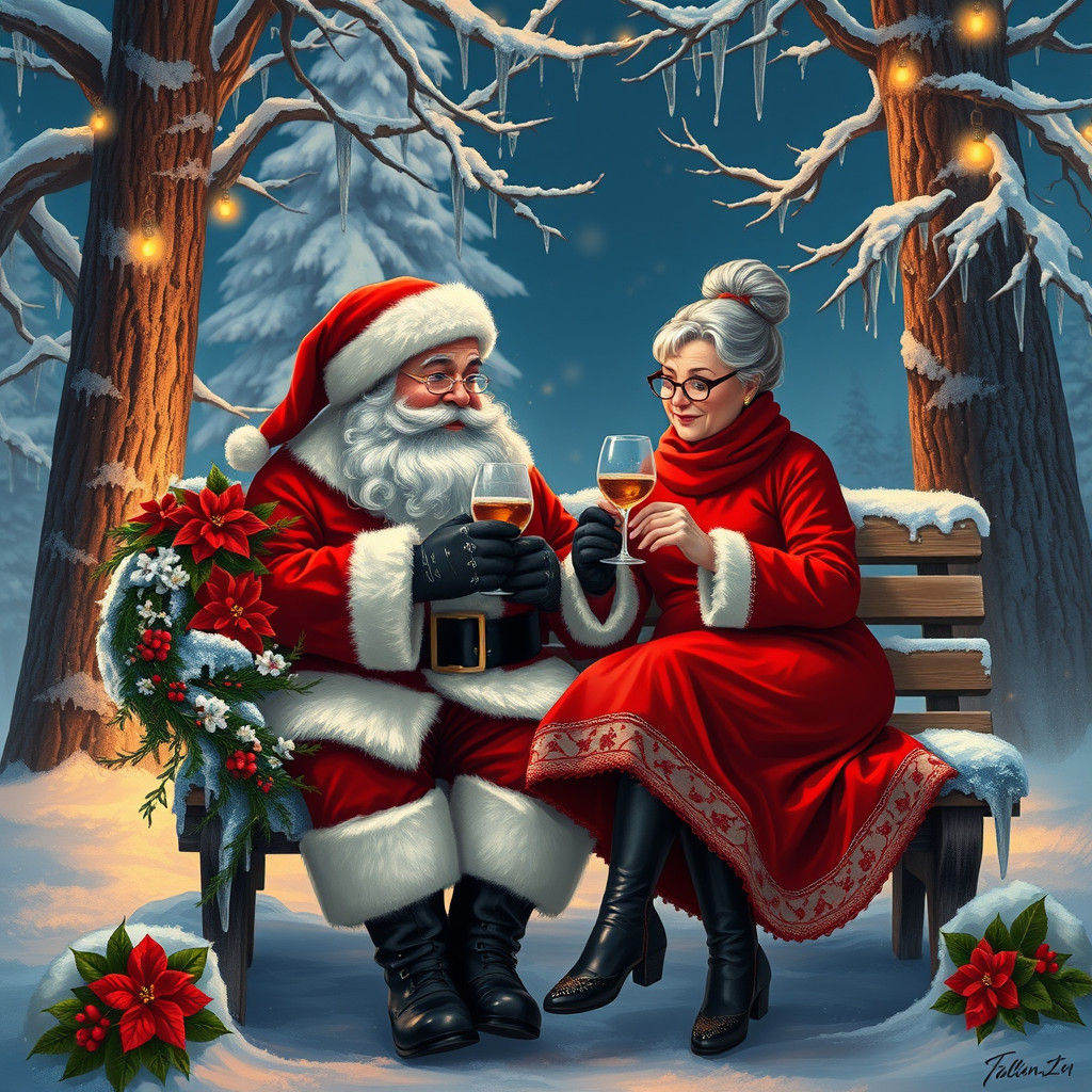 Santa and Mrs. Claus Winter Scene Illustration