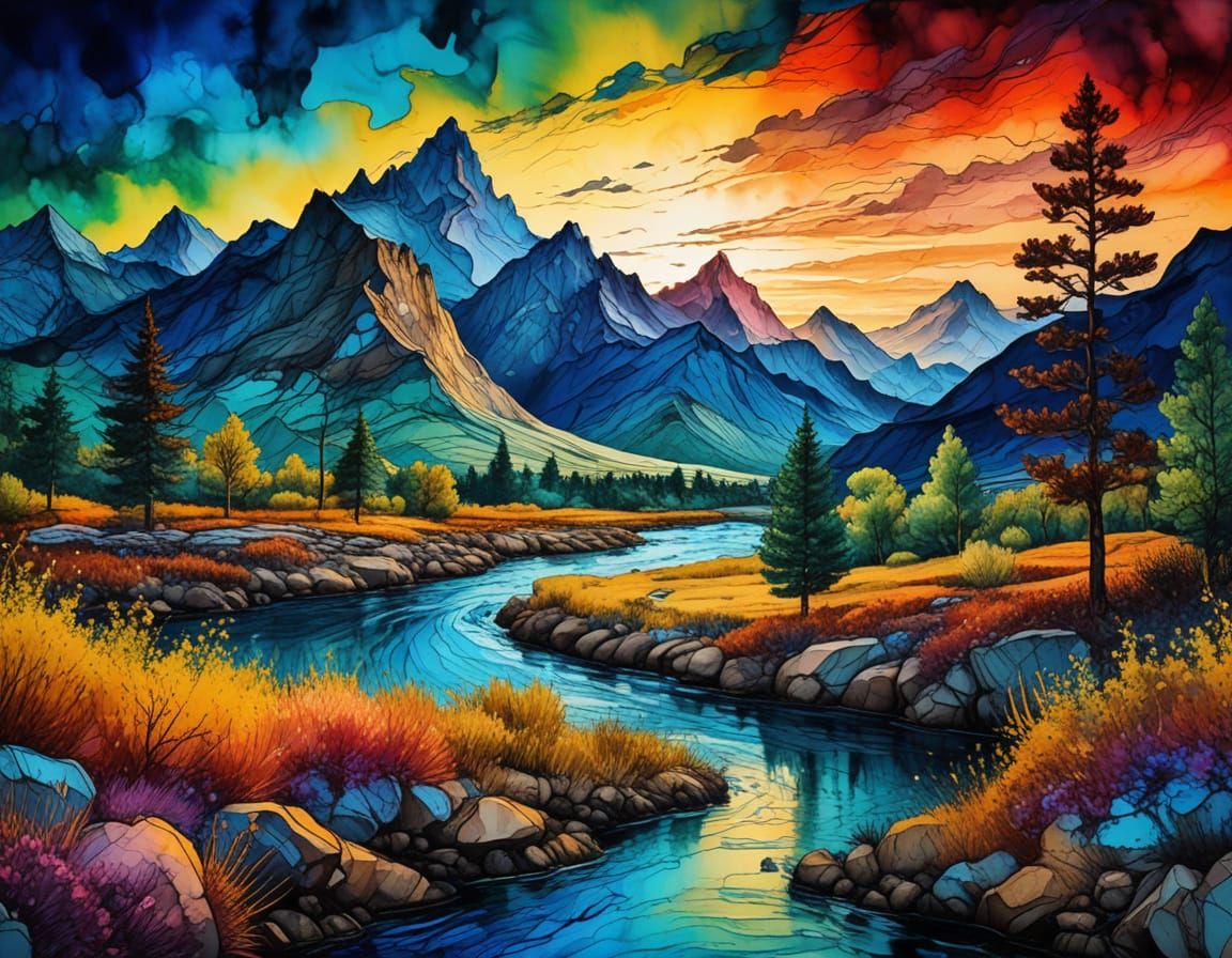 Colorful Sunset Mountain Landscape in Van Gogh Style