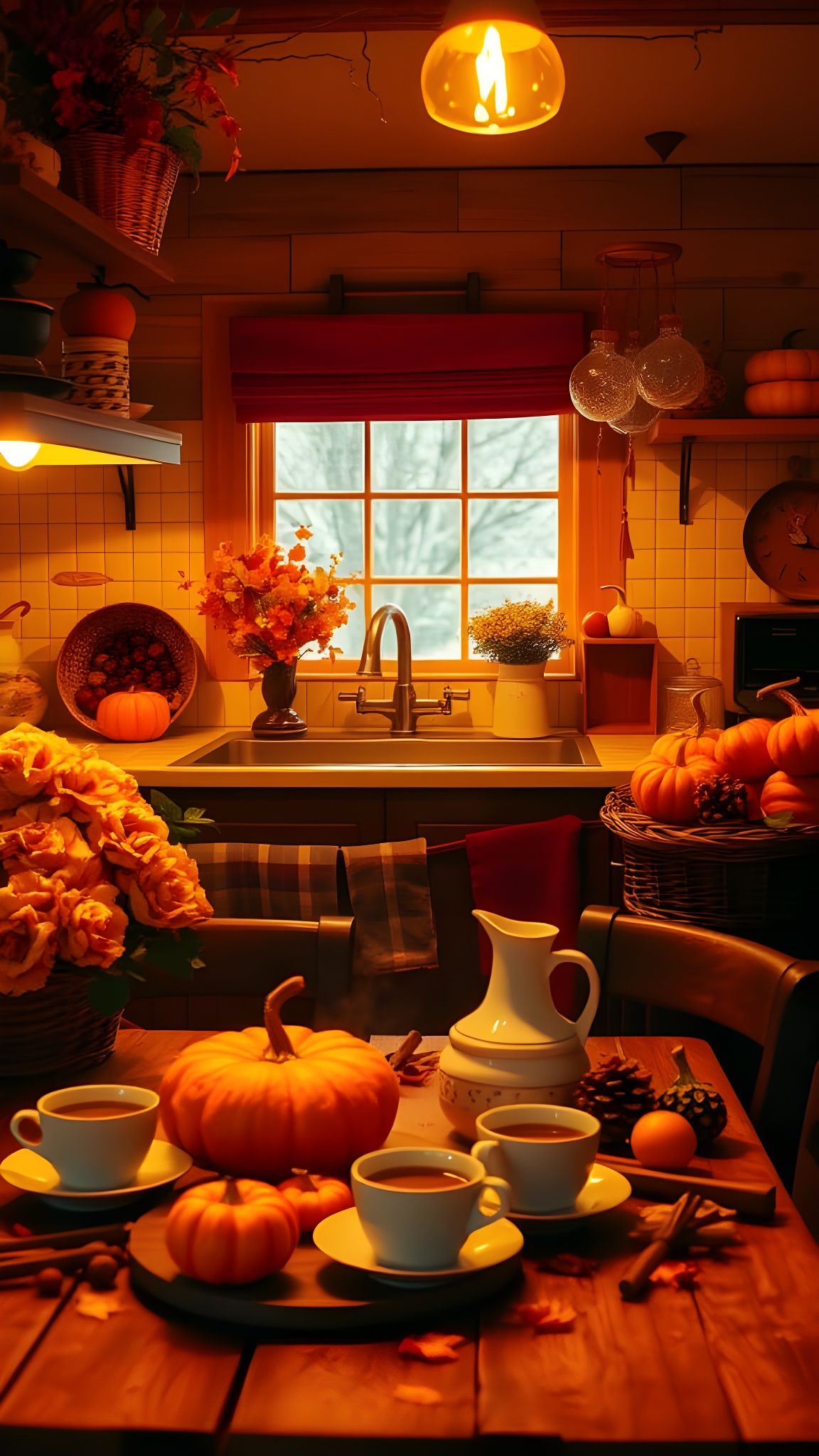 Autumn Kitchen with Pumpkin Decor: Cinematic Still