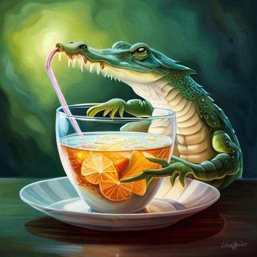 Adorable Transparent Ghost Crocodile Sips Cocktail