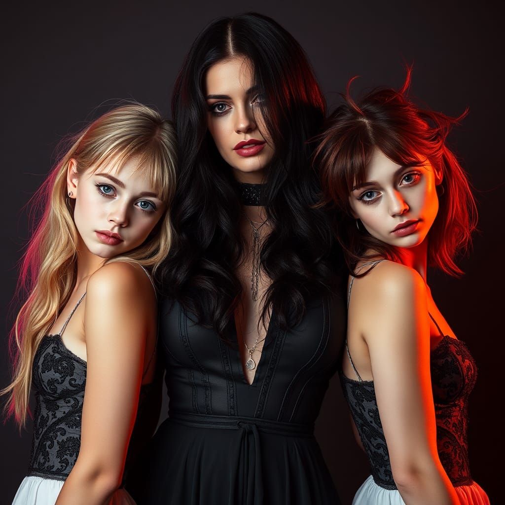 Gothic Portrait of Three Women in Synthwave Style