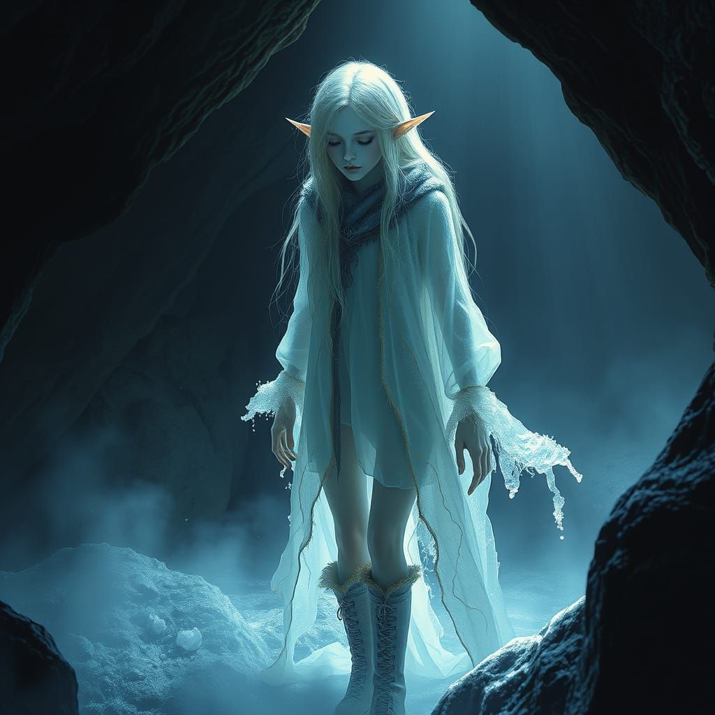 Ghostly Female Elf Materializes in Mystical Cave