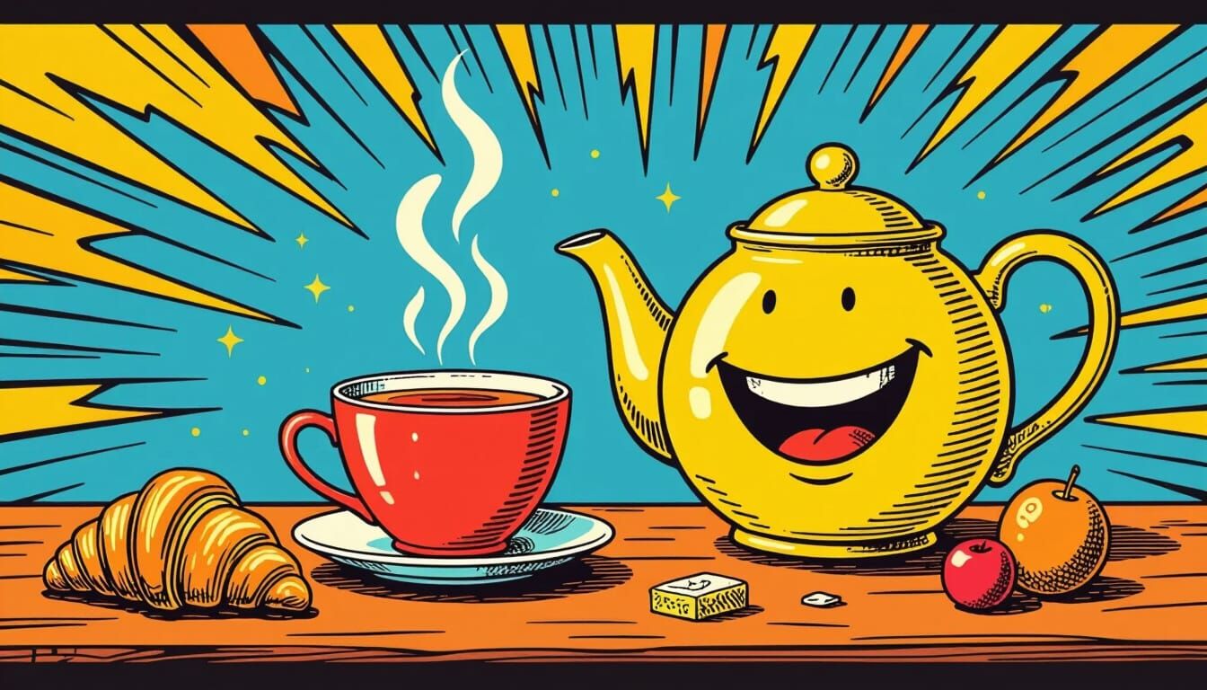 Smiling Teapot and Tea Cup with Breakfast, Comic Style