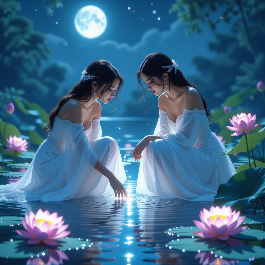 Moonlit Pond Serenity: Glowing Energy Ripples