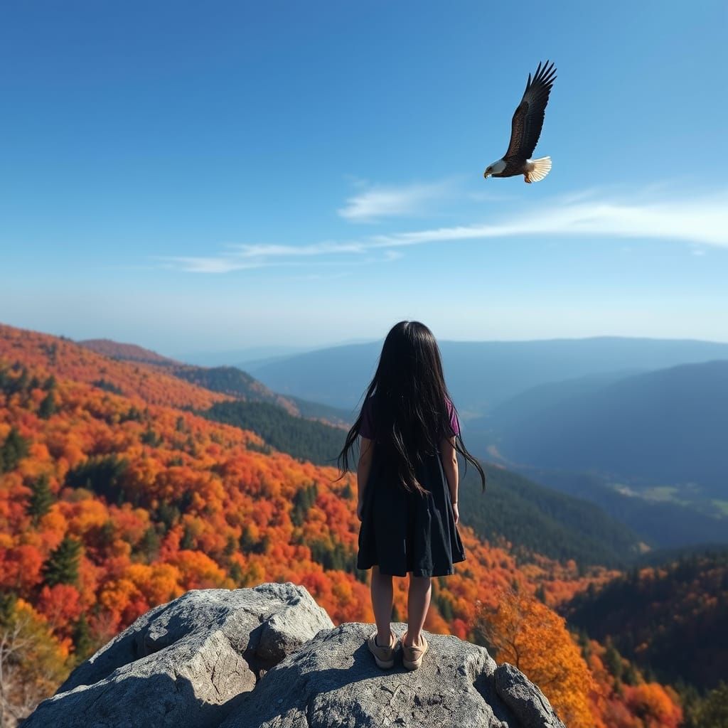Girl and Eagle in Autumn Valley