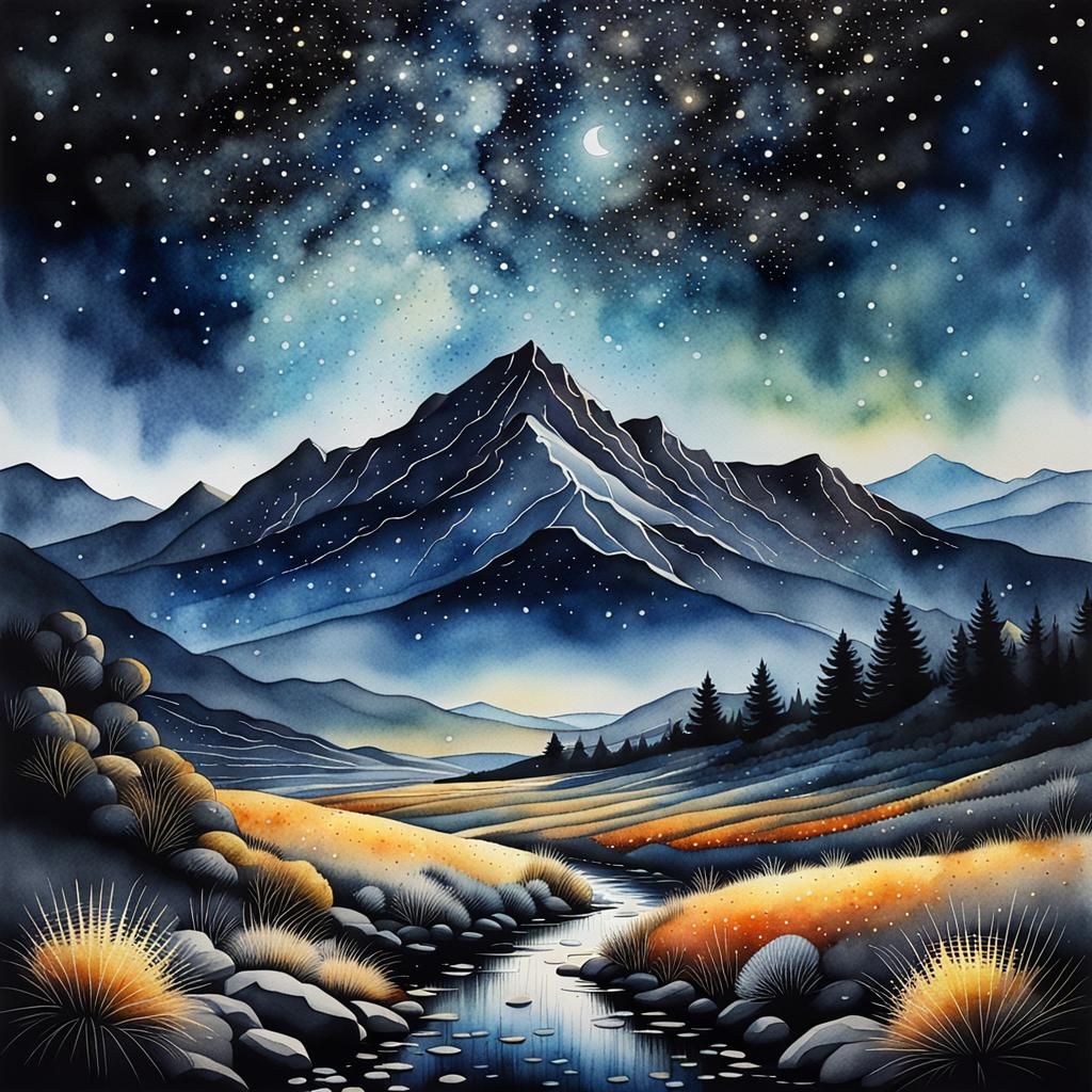 Surreal Night Landscape in Watercolor Pointillism