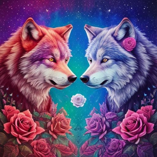 Wolf Pair in Roses: Holographic Cosmic Illustration