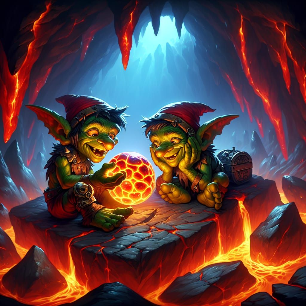 Goblins Marveling at Magical Orb Treasure Cave