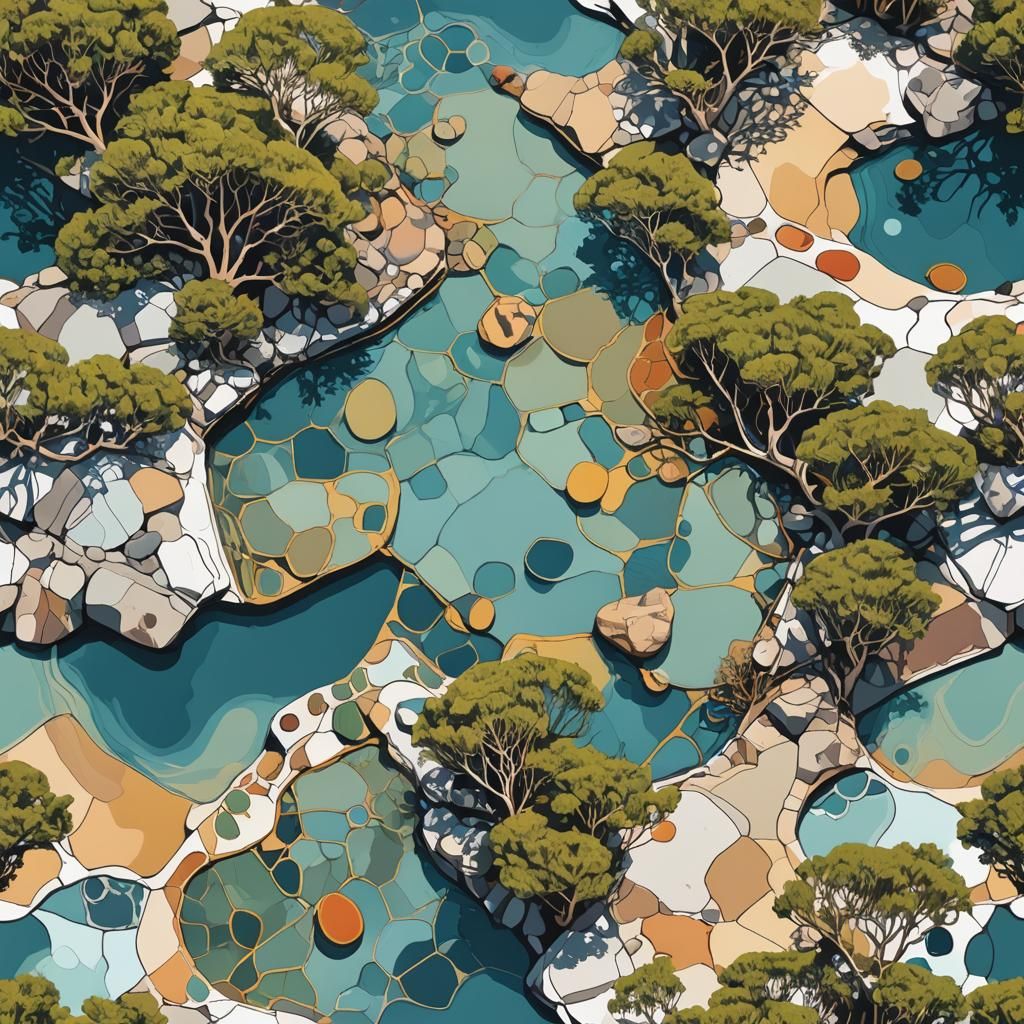 Pop Art Beach Scene with Eucalyptus Trees