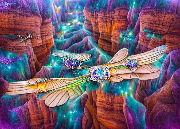 Iridescent Dragonflies Soaring Through Crystal Canyons