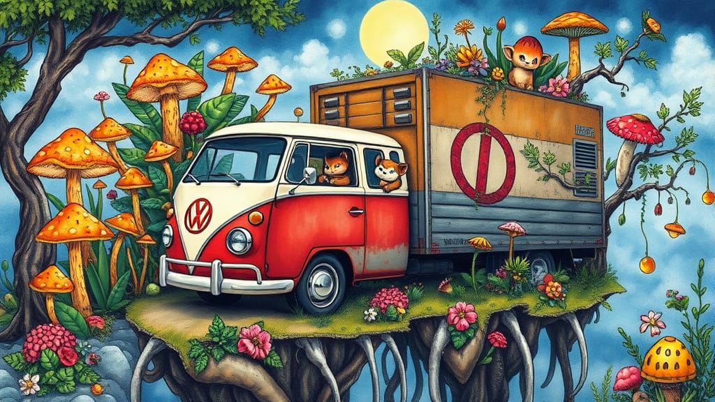 Vintage VW Van on Floating Island with Fantasy Flora