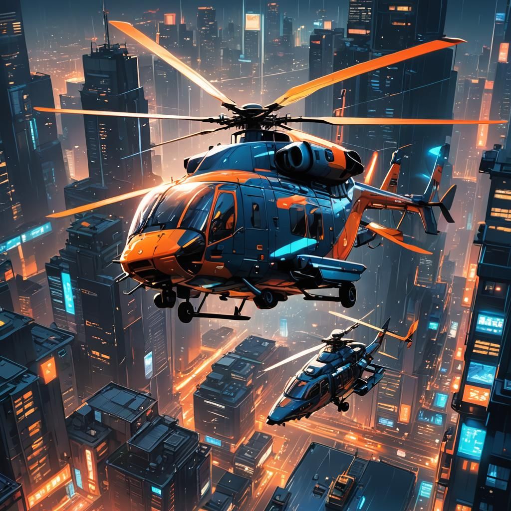 Anime Helicopter Over City at Night