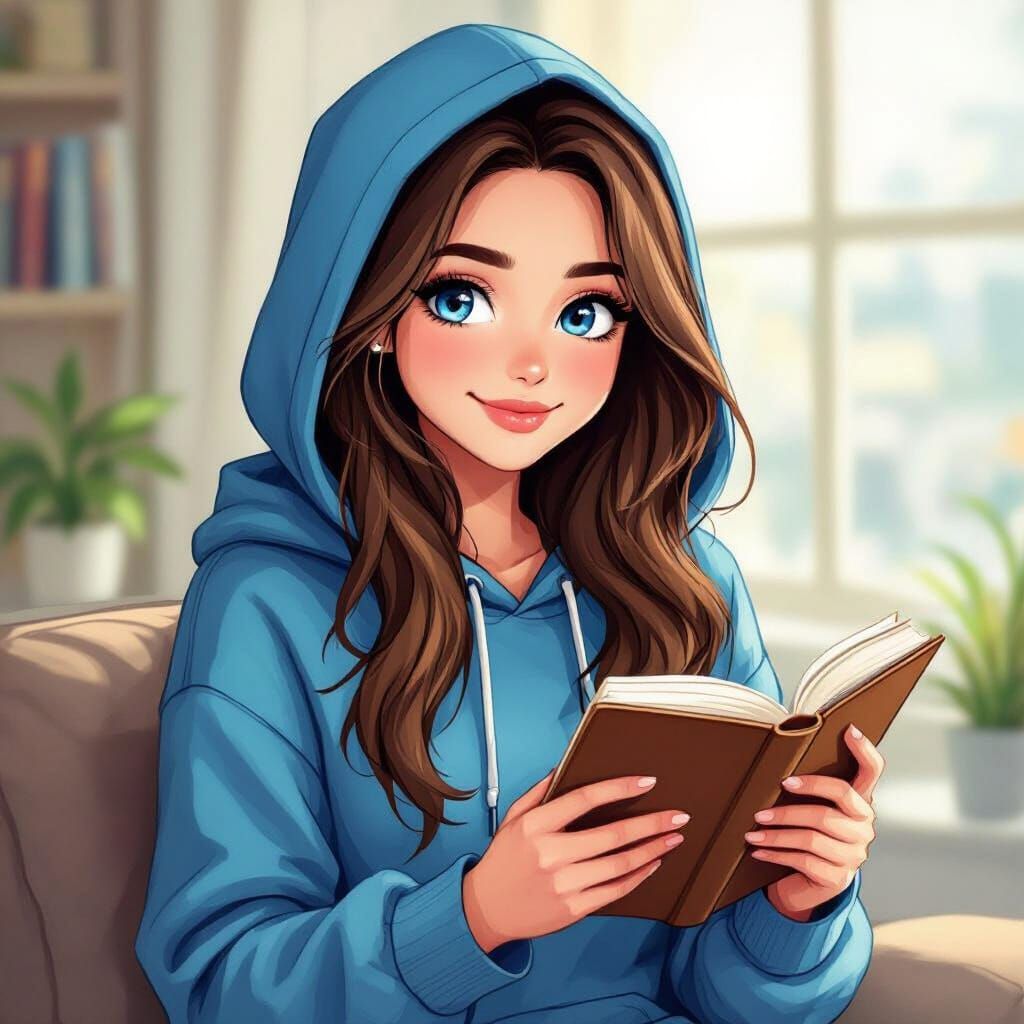 Cute Girl in Blue Hoodie Reading Book, Xbox Style
