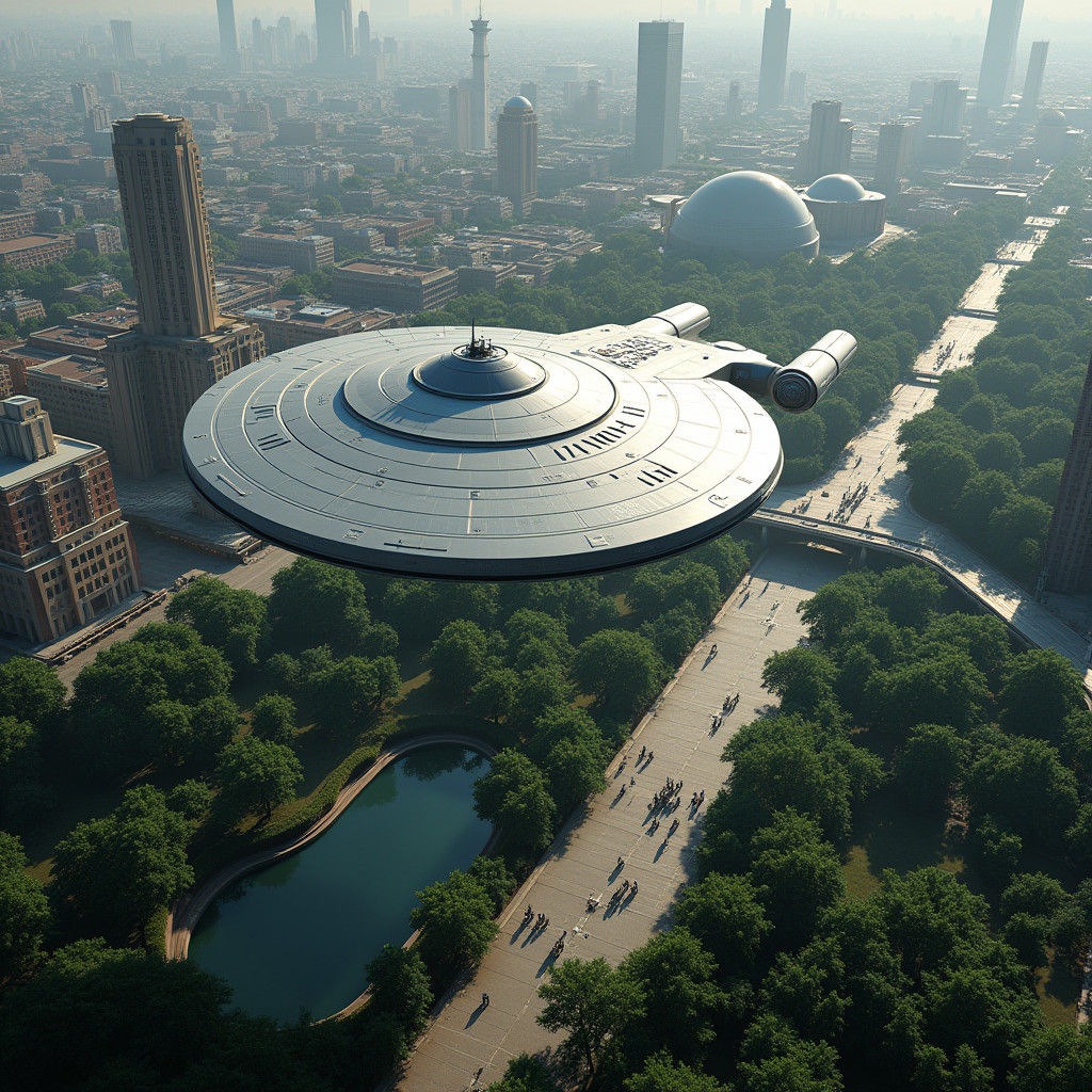 Futuristic USS Enterprise Low-Orbit Urban Cityscape