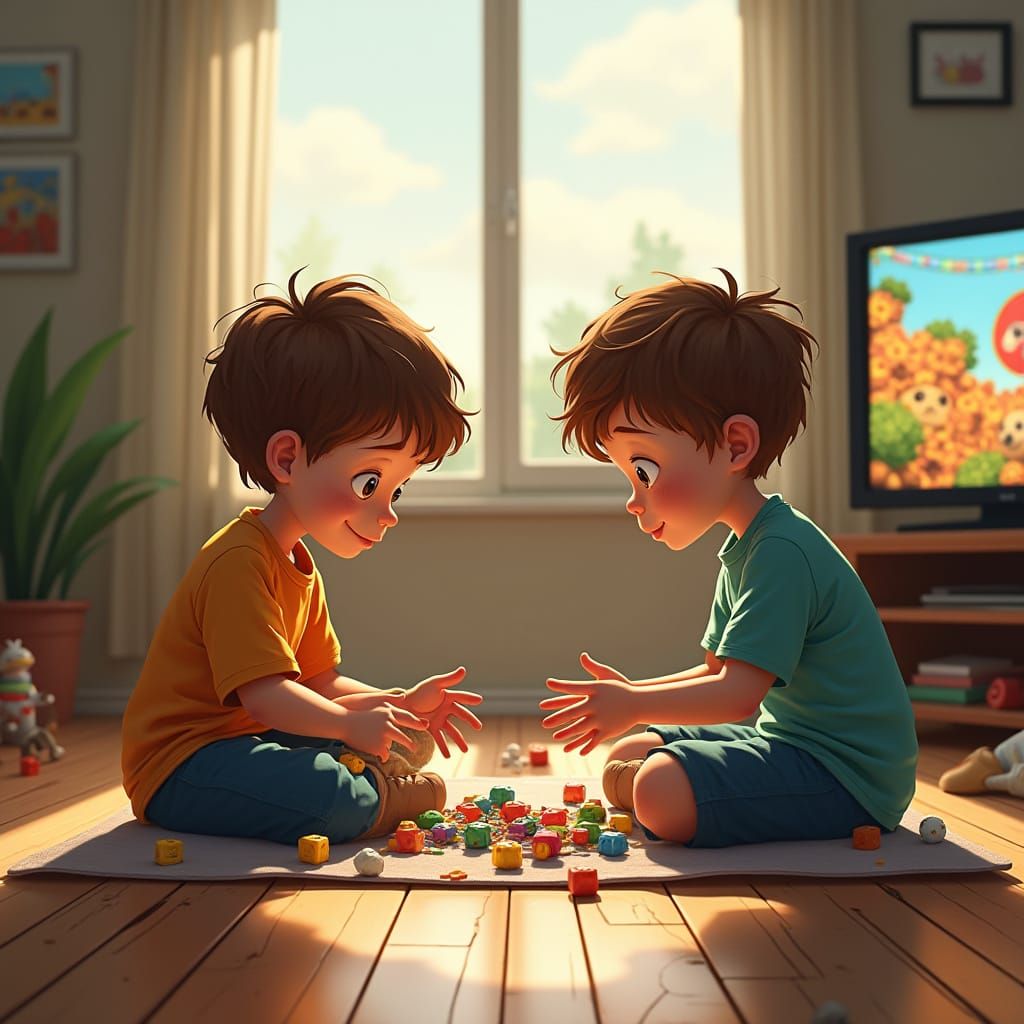 Children Playing Game of Life: Hyperrealistic Living Room