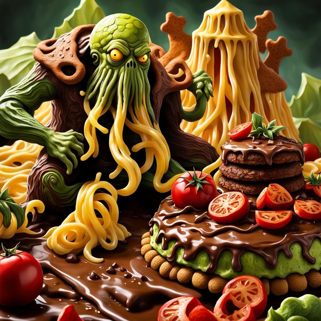 Hyperrealistic Cheese Cthulhu vs Gingerbread Man