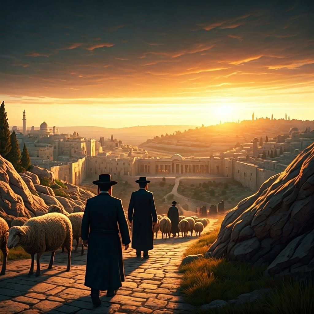 Orthodox Jews Walk Towards the Majestic Temple in Jerusalem...