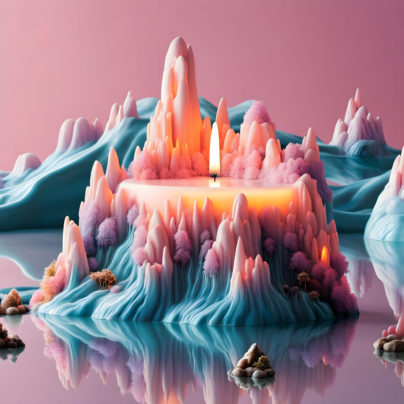 Melting Unicorn Candle in Fantastical Landscape