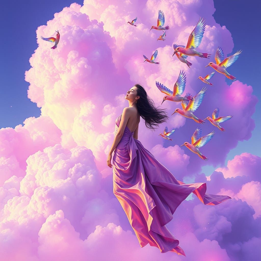 Woman in Whimsical Dreamscape with Birds