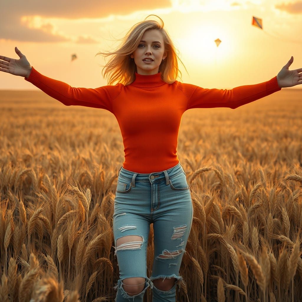 Woman in Wheat Field with Kites: Hyperrealistic Dreamscape