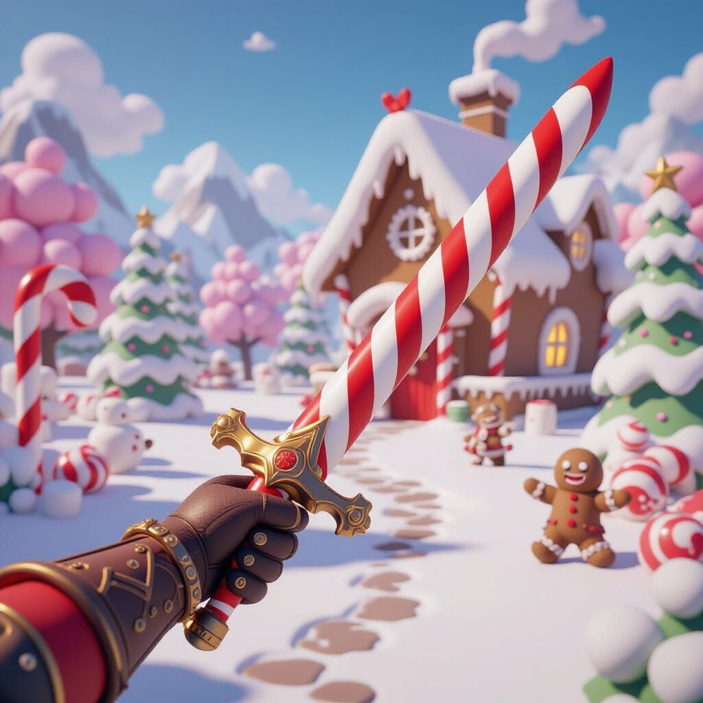Warrior With Candy Cane Sword in Whimsical RPG Land